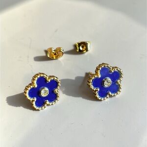Stainless Steel Royal Blue and Gold Flower Stud Earrings
